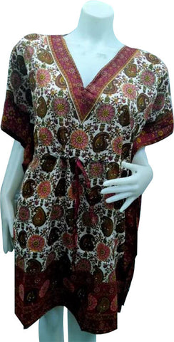 Women’s Ethnic Cotton Rayon Short Sleeves Dress - Bordeaux