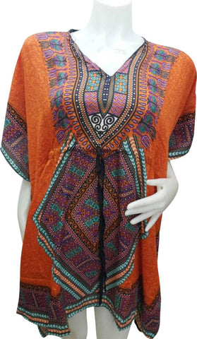 Women’s Ethnic Cotton Rayon Short Sleeves Dress - Orange - Blue