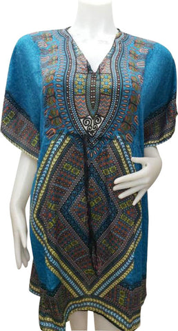 Women’s Ethnic Cotton Rayon Short Sleeves Dress - Orange - Blue
