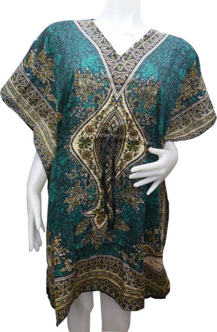 Women’s Ethnic Cotton Rayon Short Sleeves Dress - Blue - Green