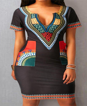 Black Split Neck Printed Pocket  Bodycon Bohemian Vintage Print Dashiki Print