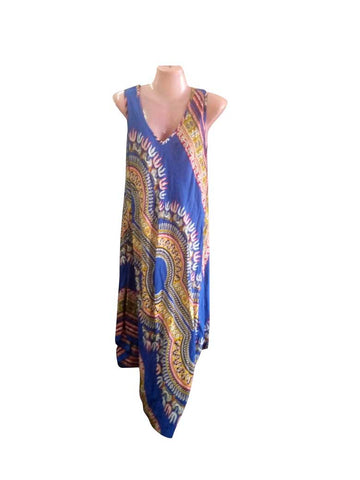 Casual soft-cotton Dashiki Dress (Blue)