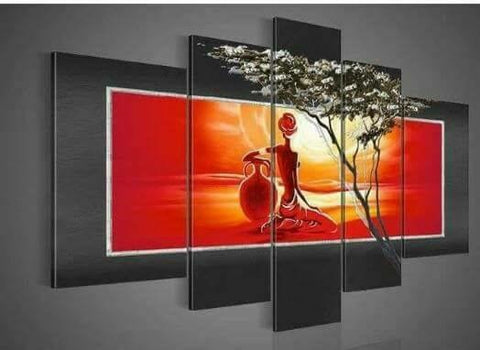 Crimson Lady & Pot on Black on a Tree Branch Multi-panel Acrylic Wall Art