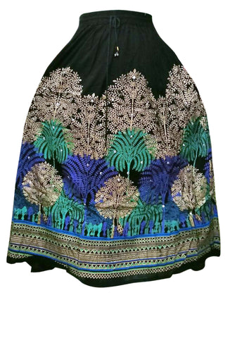 Women's Cotton Skirts - Loose Floral Design Skirts (Blue-black)