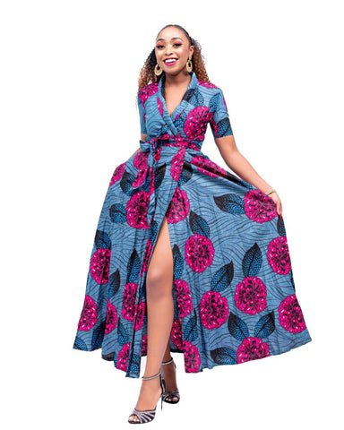 Full-neck Maxi Dress - Blue/Pink