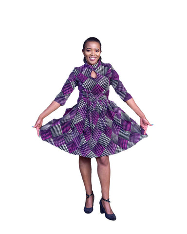 Contemporary Full-neck Soft-cotton Mid-size Dress - Purple