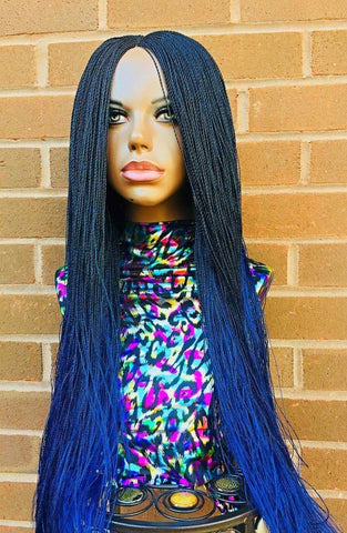 Long Ombre hand-braided micro twisted Wigs - Black-Blue Fusion