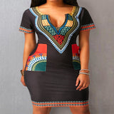 Black Split Neck Printed Pocket  Bodycon Bohemian Vintage Print Dashiki Print